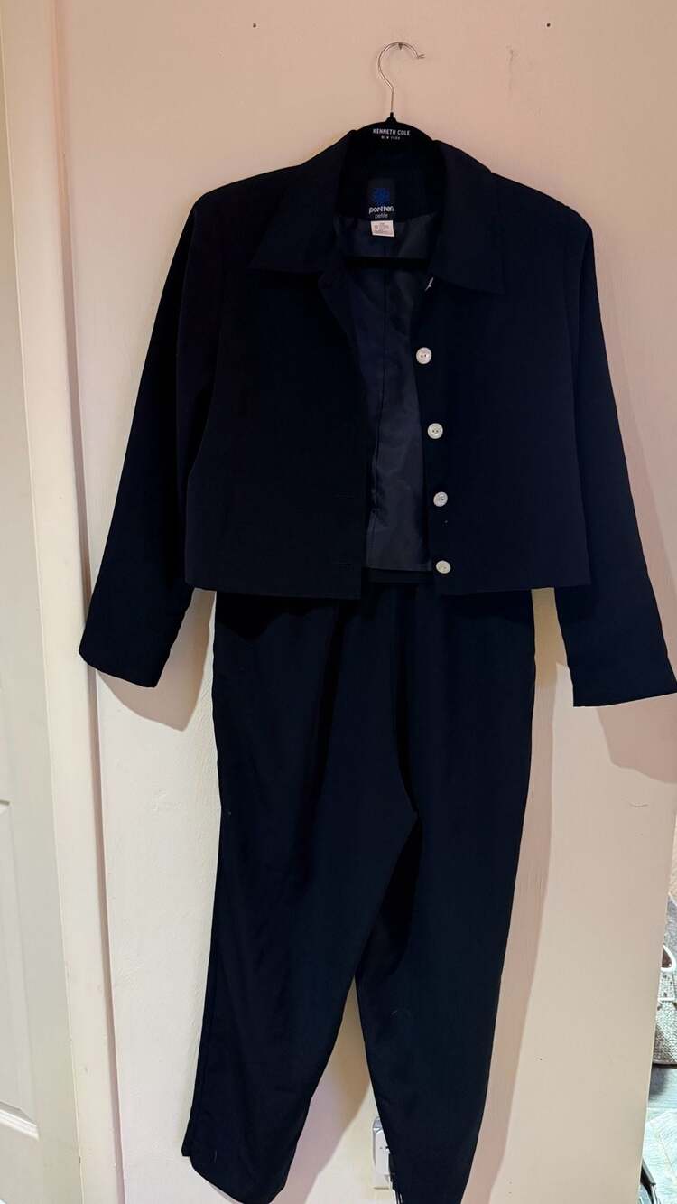 Vintage 90s Pontier Petite Pantsuit Womens 10P Navy 2 Piece Jacket Trousers